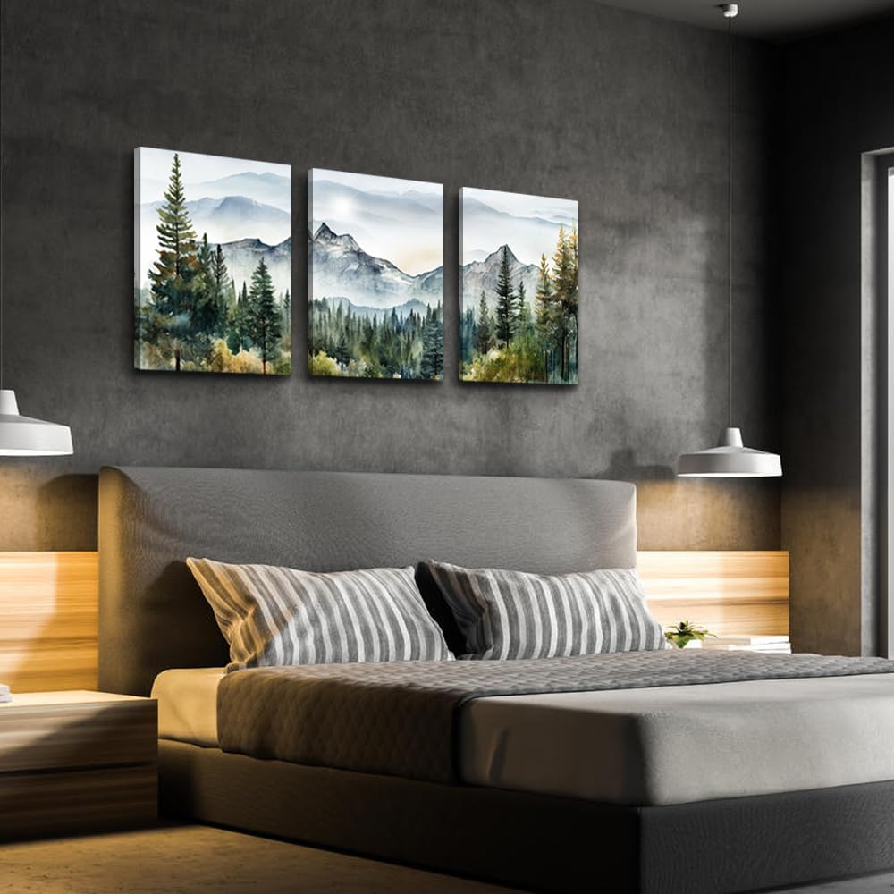 Wall Art for Living Room Modern Wall Decor for Bedroom Office Decor Abstract Mountain Forest Landscapes Ink Painting 3 Piece Framed Canvas Art
