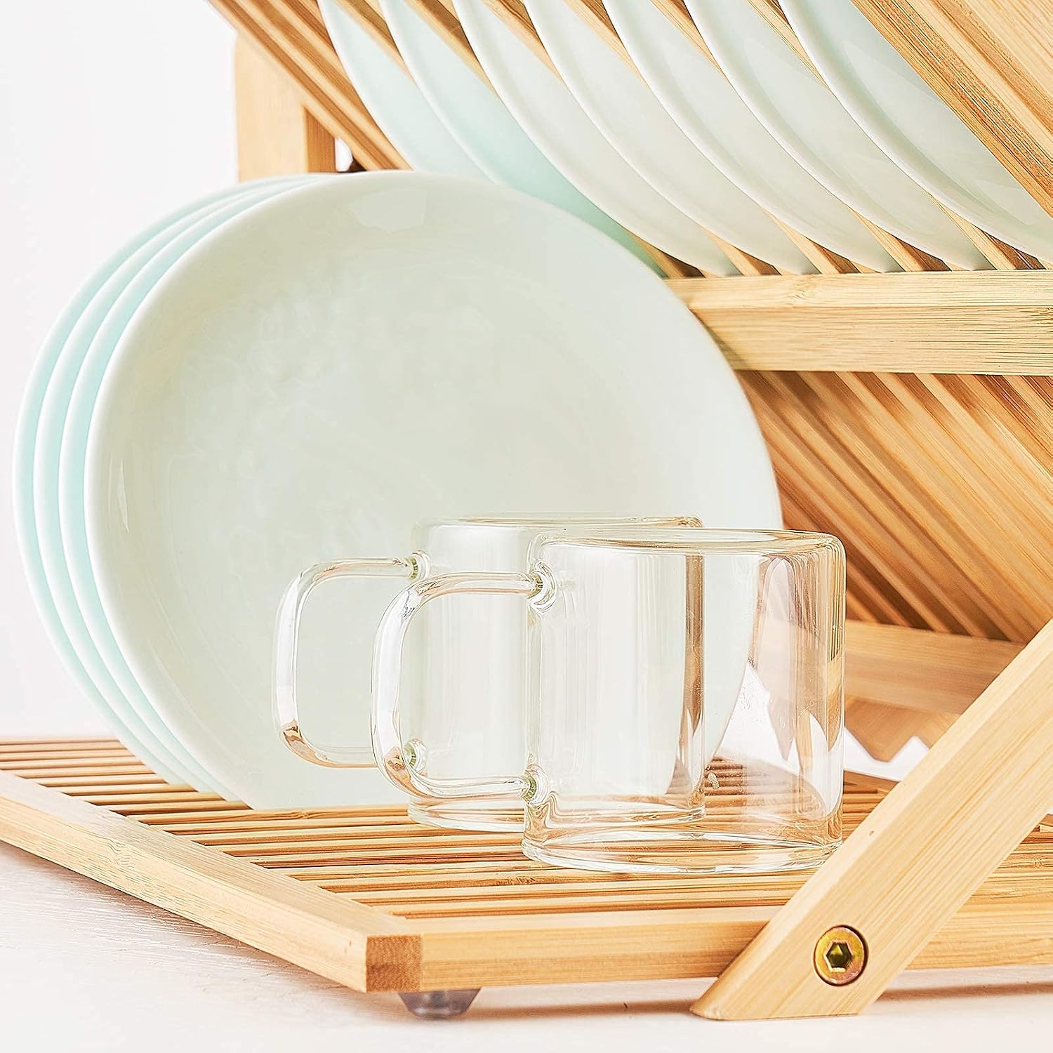 Dish Rack, Bamboo Folding 2-Tier Collapsible Drainer Dish Drying Rack with Utensils Flatware Holder Set (Dish Rack with Utensil Holder)