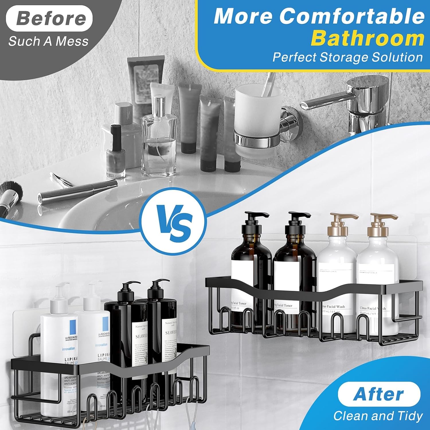 Adhesive shower Caddy 5 Pack. Rust Proof Stainless SteelBath Organizers With Large Capacity