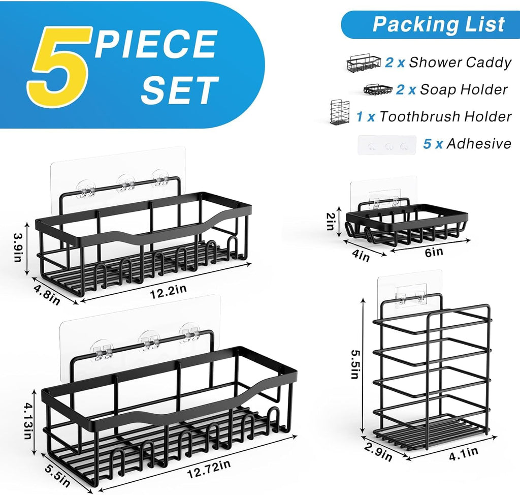 Adhesive shower Caddy 5 Pack. Rust Proof Stainless SteelBath Organizers With Large Capacity