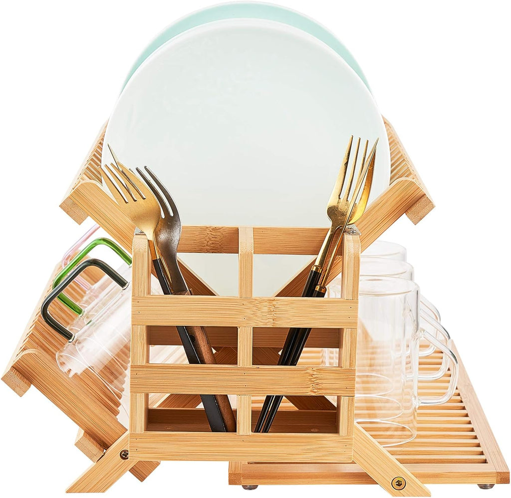 Dish Rack, Bamboo Folding 2-Tier Collapsible Drainer Dish Drying Rack with Utensils Flatware Holder Set (Dish Rack with Utensil Holder)