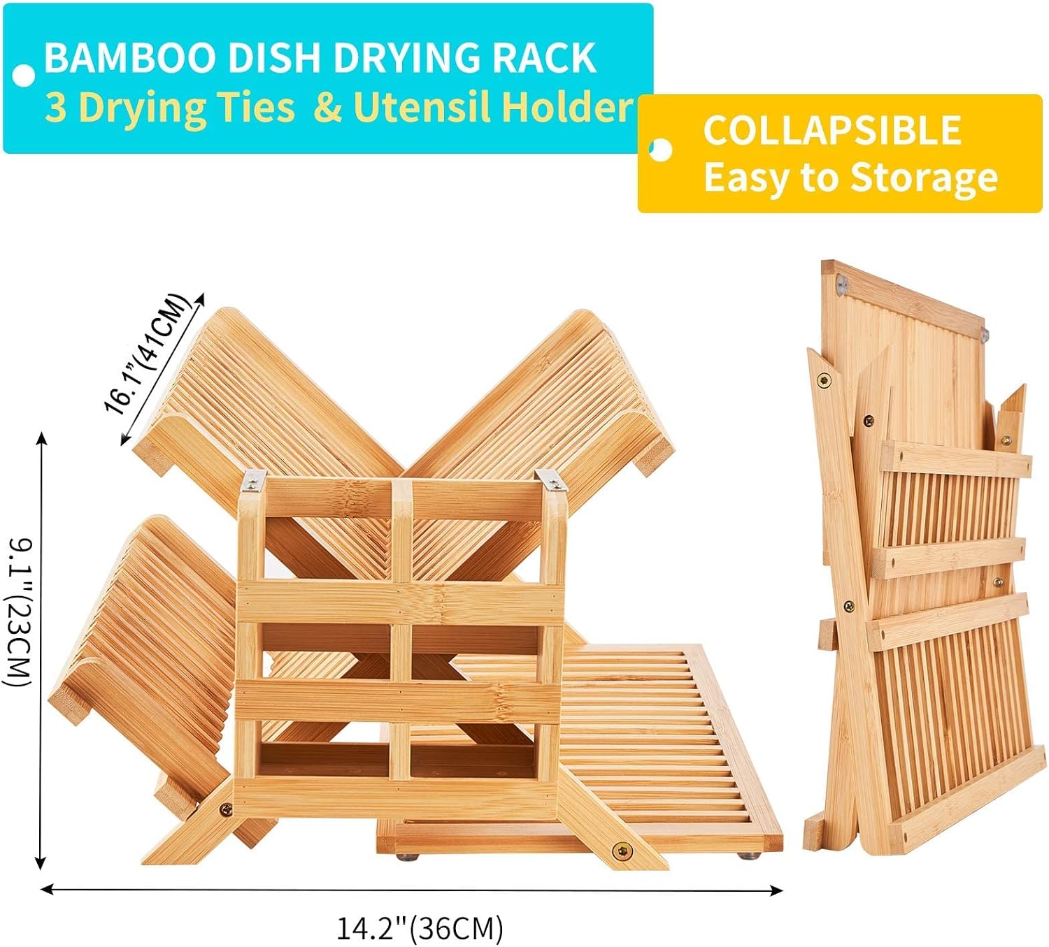 Dish Rack, Bamboo Folding 2-Tier Collapsible Drainer Dish Drying Rack with Utensils Flatware Holder Set (Dish Rack with Utensil Holder)
