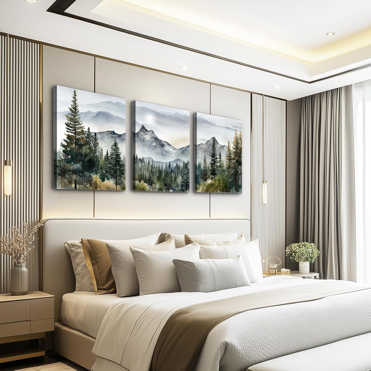 Wall Art for Living Room Modern Wall Decor for Bedroom Office Decor Abstract Mountain Forest Landscapes Ink Painting 3 Piece Framed Canvas Art