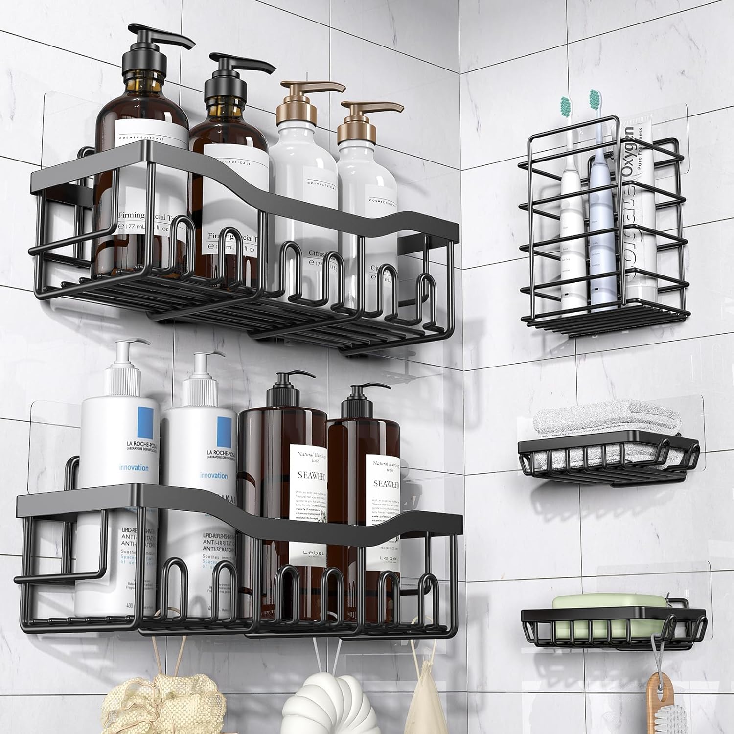 Adhesive shower Caddy 5 Pack. Rust Proof Stainless SteelBath Organizers With Large Capacity