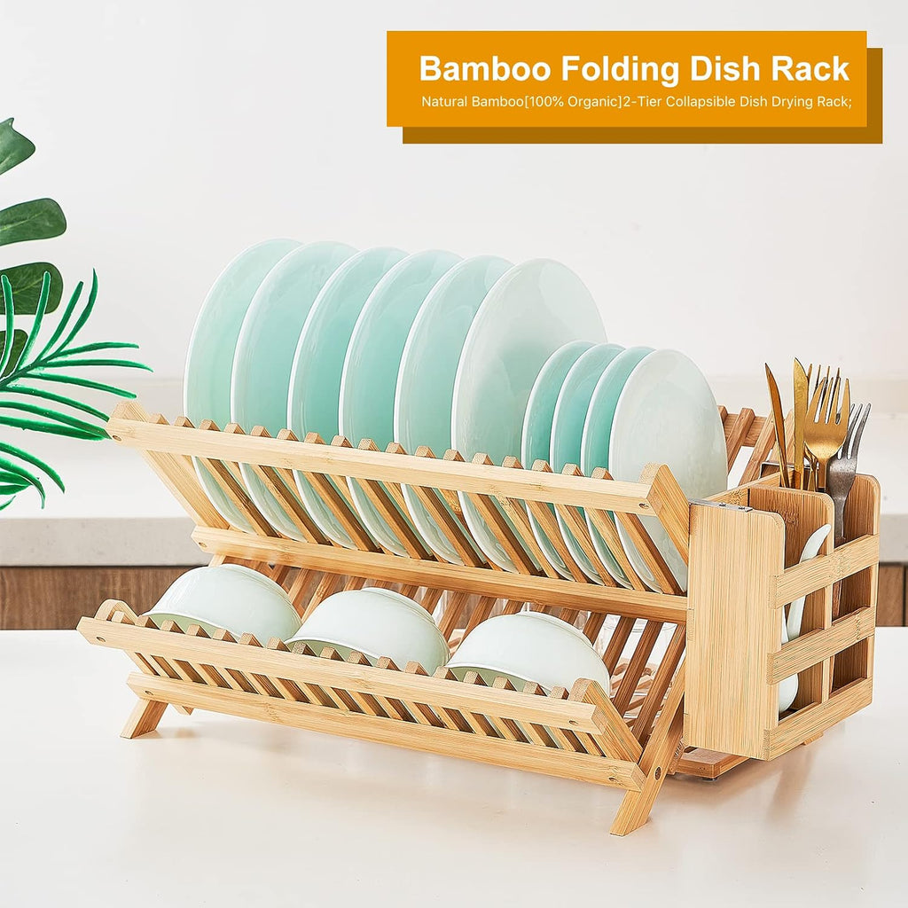 Dish Rack, Bamboo Folding 2-Tier Collapsible Drainer Dish Drying Rack with Utensils Flatware Holder Set (Dish Rack with Utensil Holder)