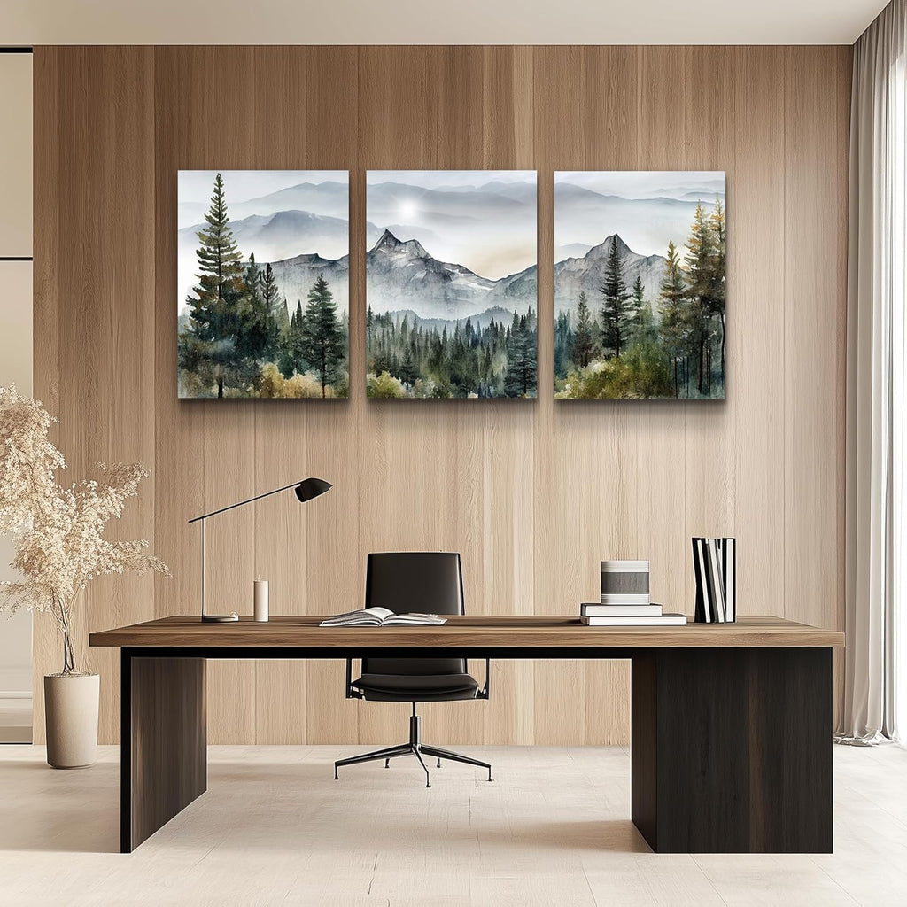 Wall Art for Living Room Modern Wall Decor for Bedroom Office Decor Abstract Mountain Forest Landscapes Ink Painting 3 Piece Framed Canvas Art