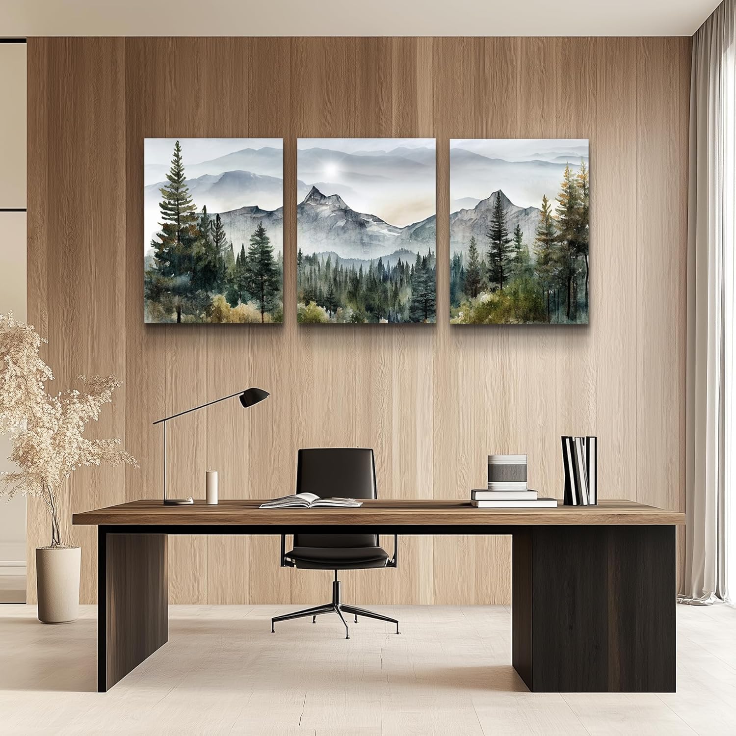 Wall Art for Living Room Modern Wall Decor for Bedroom Office Decor Abstract Mountain Forest Landscapes Ink Painting 3 Piece Framed Canvas Art